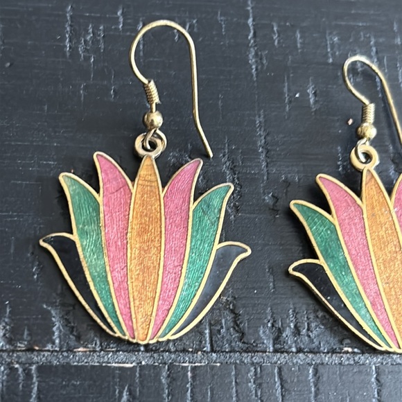 Vintage Cloisonné Colorful Floral Drop Dangle Earrings - Picture 2 of 5